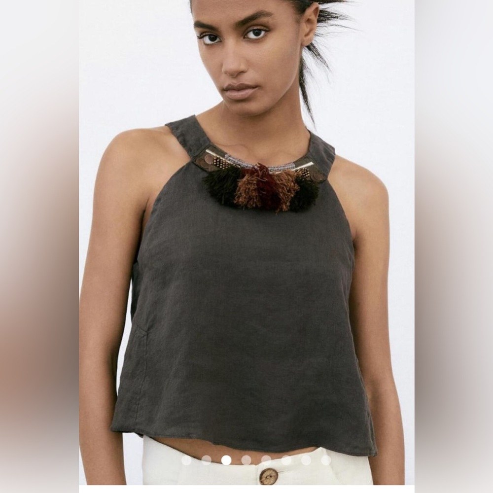 ZARA khaki green linen top with tassels appliqués size extra small